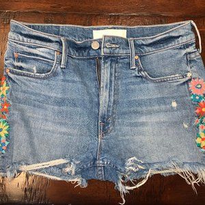 Embroidered Denim Fray Hem Short